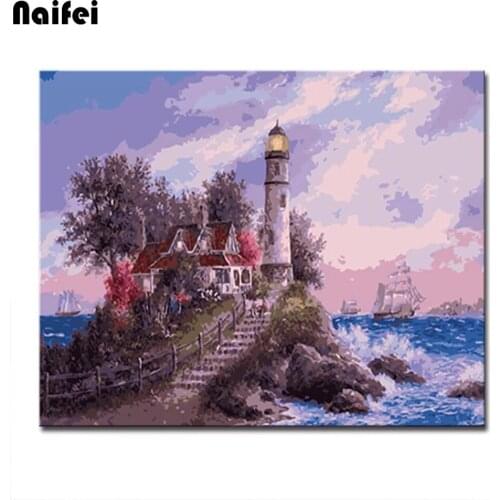 5D Diy Diamond Painting Seaside Lighthouse View Cottage Handmade Cross Stitch Kit Full Drill Diamond Embroidery Diamond Mosaic
