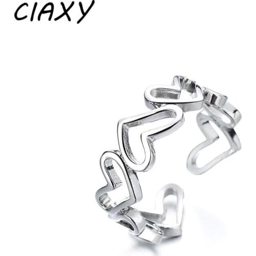 CIAXY 925 Sterling Silver Cute Hollow Connected Heart Rings for Women Personality Geometric Opening Ring Simple Jewelry