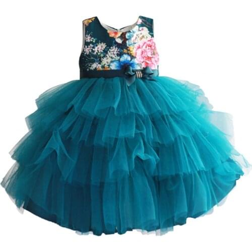 Baby Girls Dress Floral Print Wedding Party Baby Clothes Green Layered Summer Dresses 1 Year Birthday Dress Size 2-7T