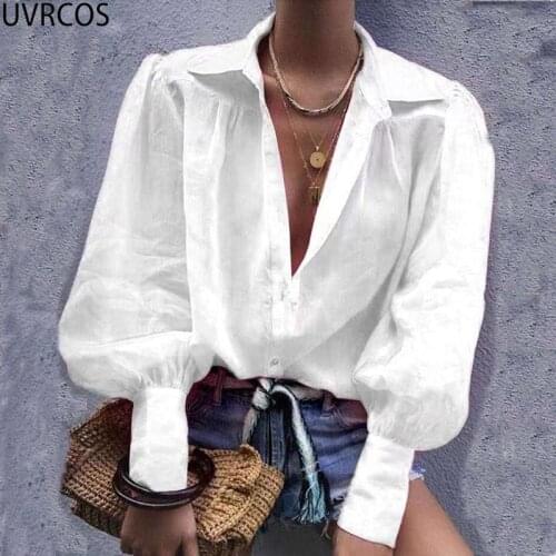UVRCOS T-shirt Shirt Solid Buttorn Notched Lantern Sleeve Womens Blouses Summer 2021 New Arrival Elegant Female Social Shirt Y
