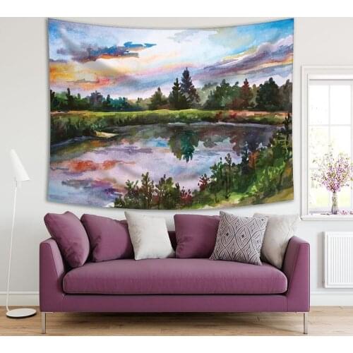 Tapestry Lakeside Golden Trees Leaves Blue Sky Colorful Autumn Day Landscape Painting in Brown Green Artistic Home Decor