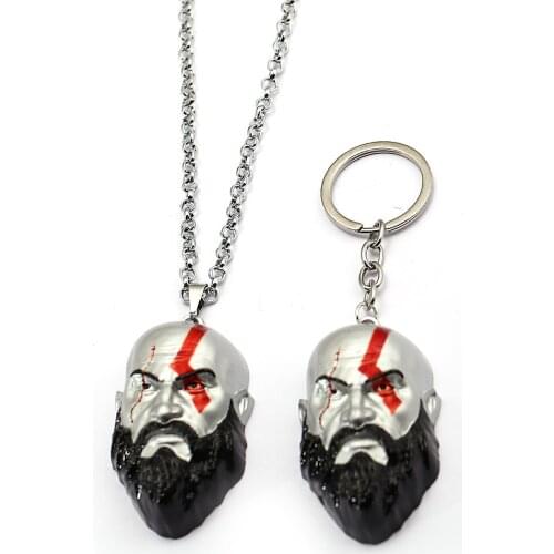 Game Jewelry Keychain God Of War Kratos 3D Head Pendants Necklace Holder Metal Keyring Choker Accessory