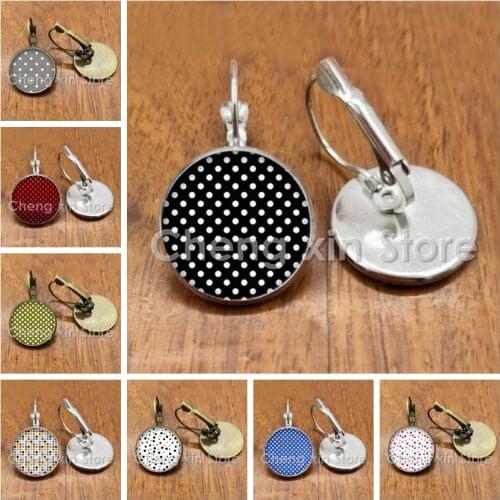 Classic red black polka dot pattern round glass convex round dome earrings handmade jewelry