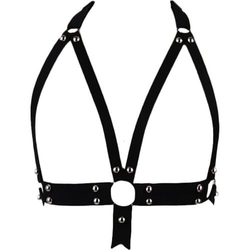 Rivet Ring Harness Bra Black Sexy Lingerie Goth Top Cage Bra Elastic Body Harness Belt Punk Bondage Hollow Lingerie