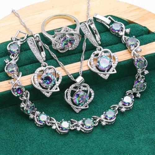 Heart Shaped 925 Silver Jewelry Sets For Women Multicolour Topaz Bracelet Earrings Necklace Pendant Ring Wedding Jewelry 4PCS