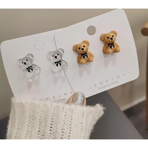 Cute Kawaii Bow Bear Earrings for Women Girls Korean Trendy Animal Small Stud Earring 2021 Brincos Kids Cartoon Birthday Jewelry