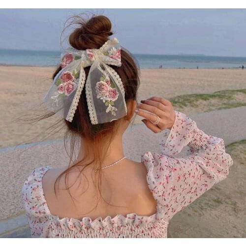 Ins Fashion Elegant Women Hair Clips White Rose Floral Lace Bowknot Printing Streamer Hairpin Hair Band Girls Hair Accessories