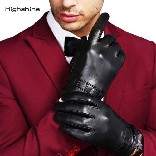 Mens Genuine Leather Gloves Real Sheepskin Black Touch Screen Gloves Fashion Brand Winter Warm Knitted wool lining Mittens