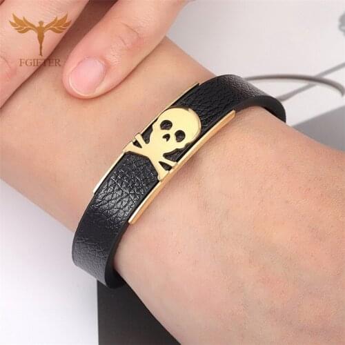 Punk Skull Bracelets for Men Male Leather Bangles Stainless Steel Skull Clasp Black Blet Bracelet Man Jewelry armband heren