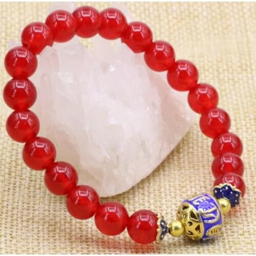 Natural stone red chalcedony jades 8mm round beads bangle bracelets for women gold-color cloisonne elegant jewelry 7.5inch B3167