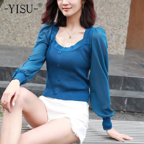 YISU 2021 New Women Thin section Sweater Spring Solid color O-Neck Lace Long sleeve Sweater Jumper Female Slim Knitted Pullover