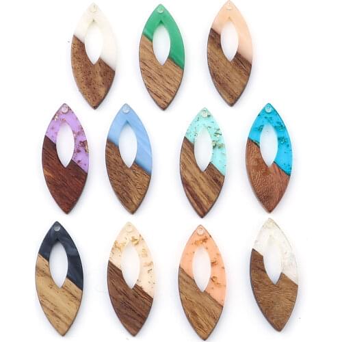 DoreenBeads Charms Resin & Natural Wood Effect Pendants Marquise Hollow DIY Making Necklace Earrings Jewelry 3.8cm x 1.6cm,3PCs