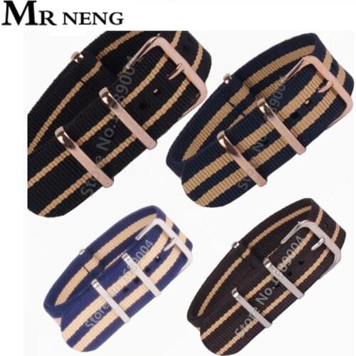 MR NENG Brand Wholesale/1pcs Nato Strap 18mm 20mm 22mm Nylon Military Sport Wrist Watch Band Strap 22-18 Silver&Rose Gold Buckle