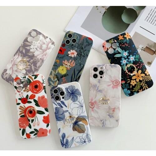 Luxury Flower Diamond Ring Buckle Support Phone Case For iPhone 12 11 Pro X XR XS Max 7 8 Plus Fashion Sexy Soft Cover