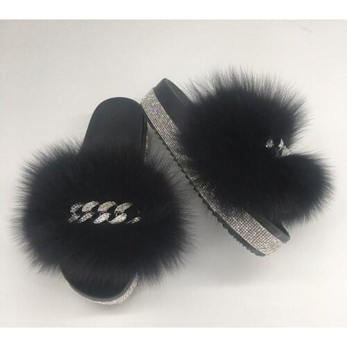Women Wedge Slippers Summer Platform Flip Flops Fur Slides With Chain Crystal Sandals Ladies Slip On Platform Female Shoes 2021