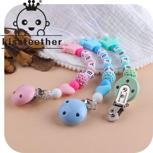 Kissteether Silicone Personalised Name Baby Pacifier Clips Crochet Beads Silicone Crown Pacifier Chain Holder Baby Shower Gift