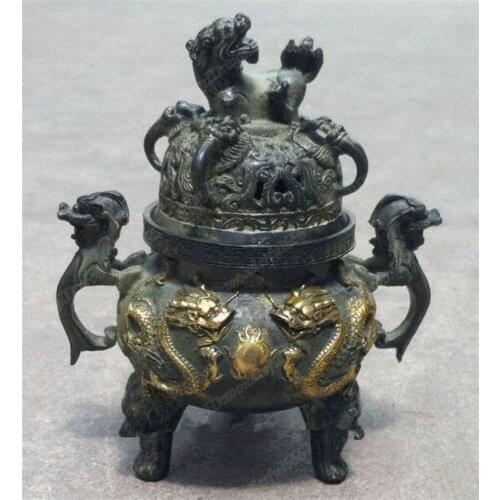 Antique Signed old Vintage Bronze Statue Dragon Lion lucky Incense Burner Censer