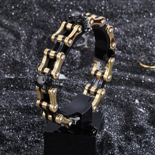 High Quality Black & Gold Skeleton Skull Motor Bike Chain Motorcycle Chain Bracelet Bangle 316L Stainless Steel Jewelry
