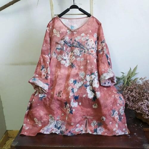 Women Loose Ramie Printed Long Blouse Ladies Chinese Style Ramie Shirt Summer Ramie Tops 2021