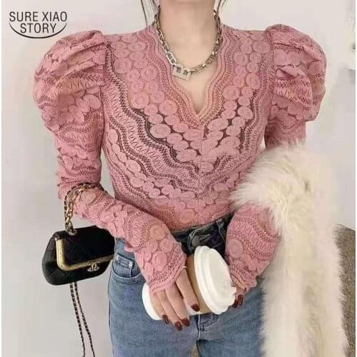 2021 Thin V-neck Hollow Chain Link Flower Womens Blouse Fall Puff Sleeve Lace Women Shirt Long Sleeve Elegant Base Blouse 16126