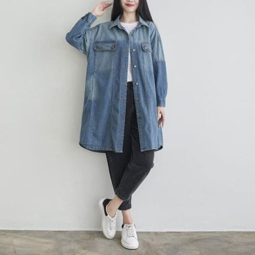 Women Loose Retro Spring Autumn Blouse Shirt Female Vintage Denim Blouse Ladies Bleached Denim Shirt