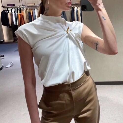 VGH White Casual Vests For Women O Neck Sleeveless Patchwork Metal Button Slim Tank Tops Female 2021 Summer Fashion Clothing New