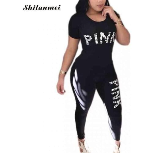 2020 Sexy Women Tracksuit Plus Size Casual Pink Letter Print Two Piece Set Short Sleeve Tshirt Pants Suit Sport 2 Pcs Outfits