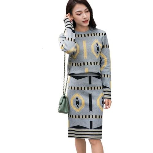 Retro Pattern Knitted Two Sets Piece New Sweaters For Women Autumn Winter Long Sleeve O Neck Warm Knit Top + Pencil Skirt Suits