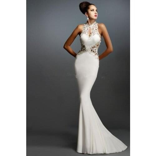 Mermaid White Prom Dresses Halter Sleeveless Applique Elegant Evening Gowns Hole Back Formal Long Prom Dress Latest Design