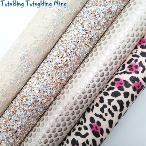 Gold and White Mixed Glitter leather, Fish Scales Printed Faux Leather, Flowers Leather For Bow A4 21x29CM Twinkling Ming KM220