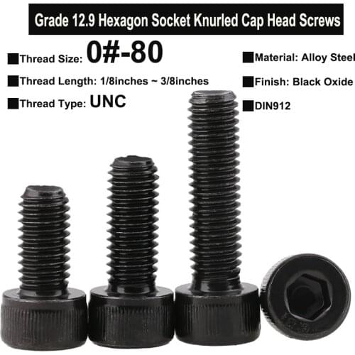 20Pcs 0#-80 Grade 12.9 Screws UNC Thread Alloy Steel Hexagon Socket Knurled Cap Head Bolts DIN912 Thread Length 1/8 ~ 3/8inches