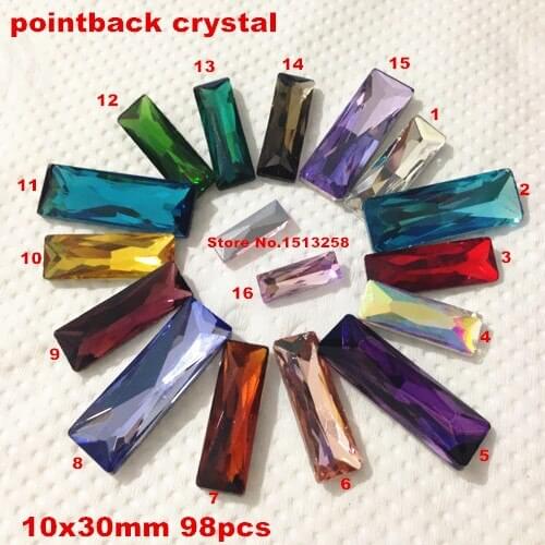 98pcs 10x30mm Princess Baguette Pointback Fancy Stone 30x10mm Rectangle Glass Crystal 22 Colors Available For Jewelry Making
