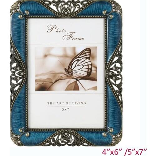 Antique Brass Blue Purple Silver White Jeweled 4x6, 5x7 inches Two Ways Home Decor Tabletop Metal Alloy Picture Photo Frames