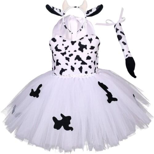 Girls Milk Cow Tutu Dress Kids Cosplay Cow Costume Outfits Halloween Costume Birthday Party Dress up Set 2 Colors Option