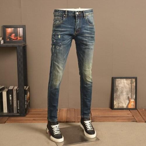 Fashion Dots Printed Ripped Jeans Men Streetwear Blue Cotton Stretch Denim Trousers Slim Fit Pencil Pants