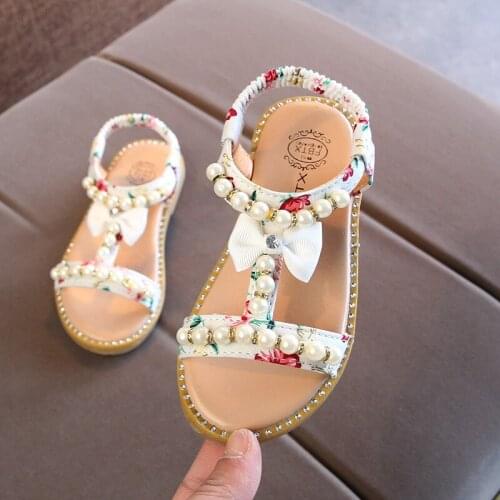 Kids Shoes For Girls New Summer Sandals Children Pearl Beading Wedges Beach Sandals Enfants School Flat Shoe For Baby Eu 21-30