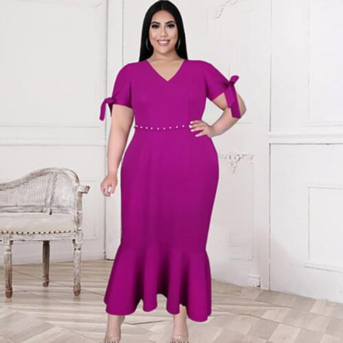 Plus Size 5XL Evening Party Dress Sexy V Neck High Waist Beading Short Sleeve Ruffles Bodycon Dress Ladies Night Club Dress Robe