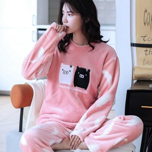 H5998 Cute Cartoon Pig Pajamas Set Girl Thick Coral Velvet Korean Warm Homewear Suit Women Sweet Long Sleeved Winter Nightwear