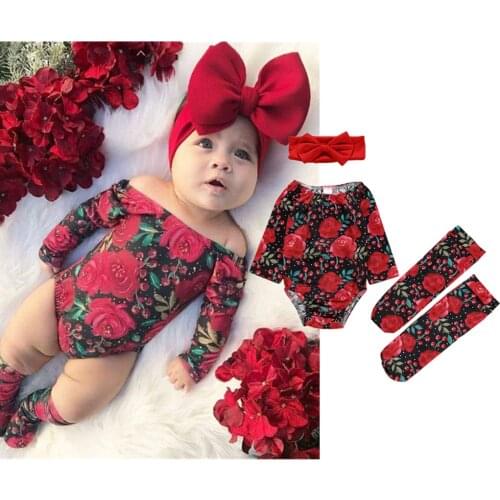 3Pcs Newborn Baby Girls Clothes Set Long Sleeve Flower Print Romper+Legs+Headband Outfit 6 12 18 24 Months ropa bebe niña