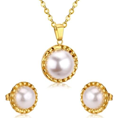 LUXUKISSKIDS Fake Pearl Wedding African Dubai Jewelry Set Stainless Steel Pendant Necklace Earrings For Women Jewelry Sets