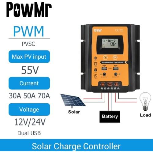 PowMr MPPT PWM Solar Charge Controller 30A 50A 70A IP32 Waterproof Panel Battery Regulator Dual USB LCD Display