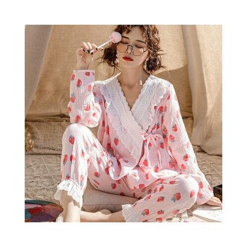 Summer new pregnant cartoon printing stitching lace cotton pajamas comfortable breathable gauze confinement clothing home suit