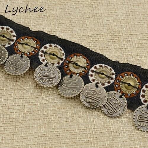 Lychee 91*2.5cm Vintage Ethnic Tassel Trim Bohemian Ribbon Coins Round Pendant DIY Craft Women Garment Decor