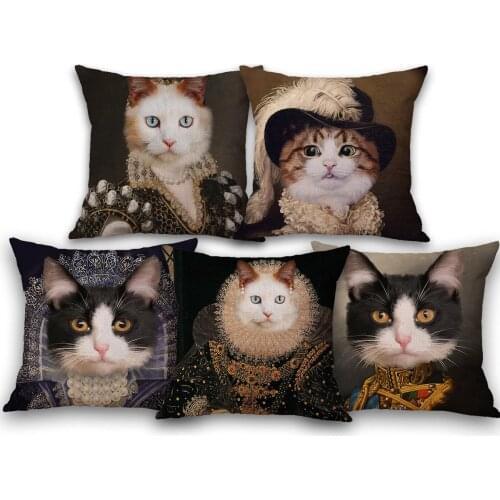 Cute Animal Cats Portraits Costume Cushion Cover European Vintage Poster Art Pillowcase Animal Cosplay Painting Pillow Case