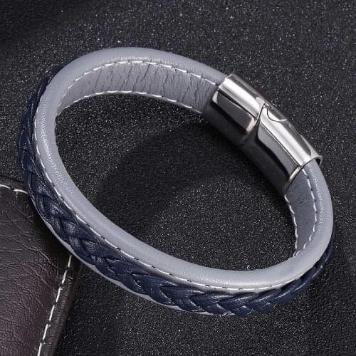 Fashion Men Jewelry Gray Blue Leather Bracelet Black/Gold/Silver Color Magnetic Buckle Bangles Male Wrist Band Gifts S0011