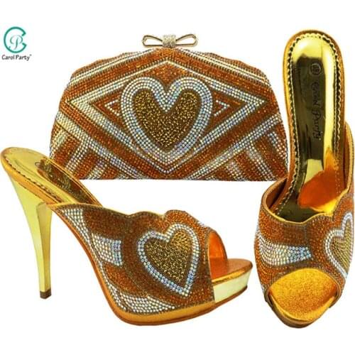 Nigerian female shoes and bag Gold Color party shoes and bag set African fashion shoes and accessories applique matching bag set