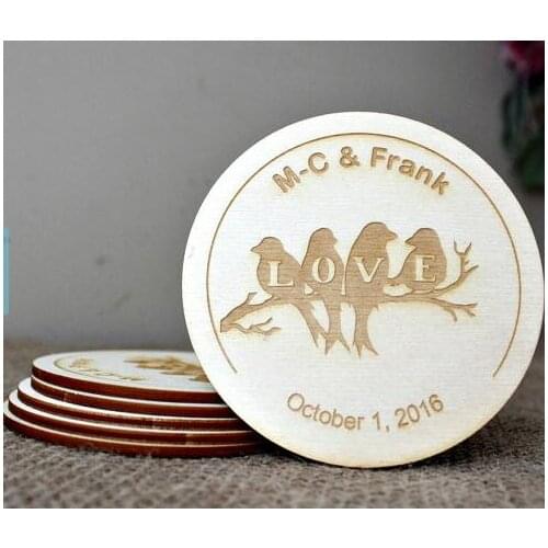 Personalized Engraved love birds Wedding Wood Favors Coaster mats invitation cards party engagement bridal shower decorations