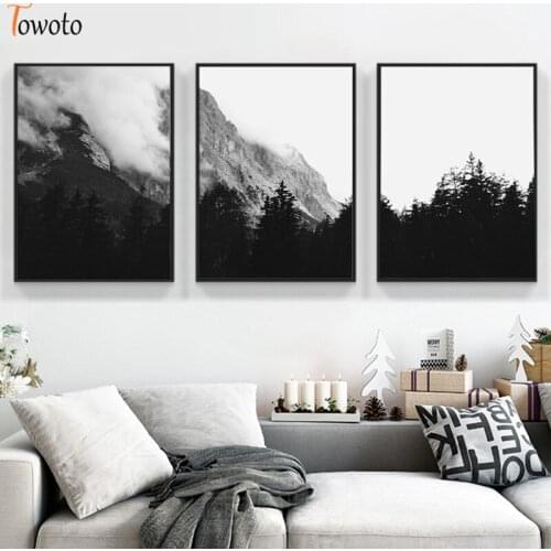 Nature Poster Black and White Forest Wall Art Foggy Mountain Print Landscape Canvas Painting Wall Pictures for Living Room Decor