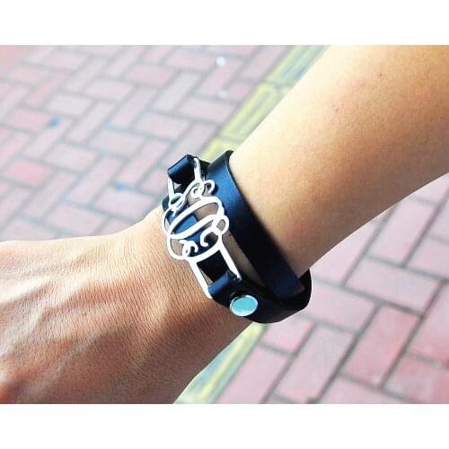Stack Leather Wrap Bracelet Custom Silver Monogram Charm Personalized Men Bracelet Design BFF Jewelry