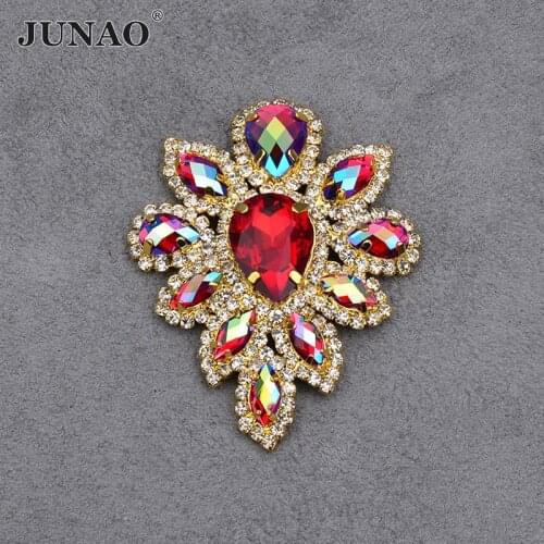 JUNAO 45*59mm Red AB Glass Crystals Sewing Flowers Rhinestones Sew On Strass Appliques Flatback Claw Crystal Stones For Dress